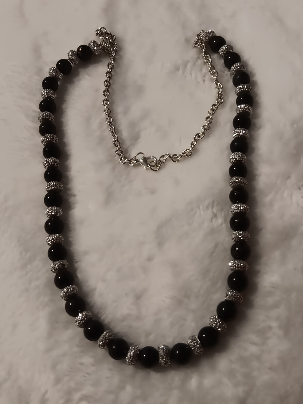 Classic Black Bead Necklace with Silver Accents